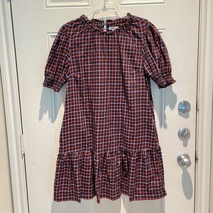 Free Assembly Plaid Navy Blue Pink Shift Dress Ruffle Hem, Large, Short Sleeve